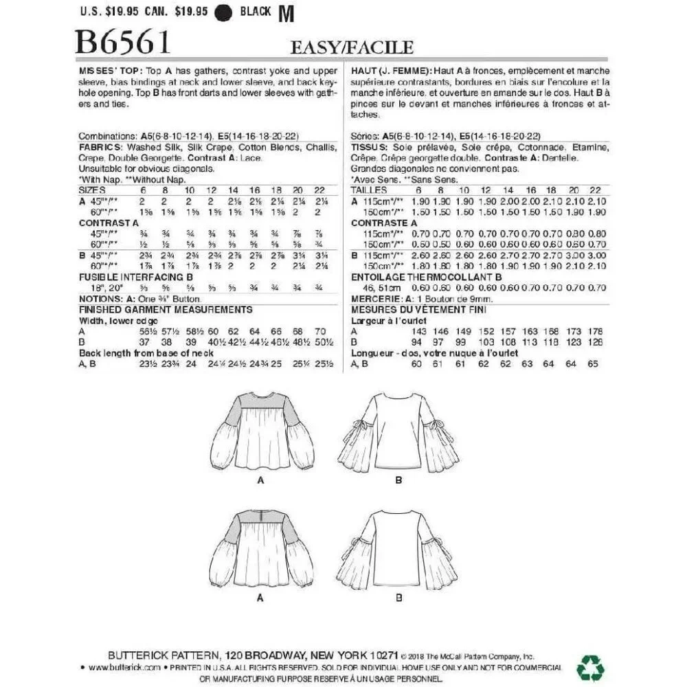 Butterick Lisette B6561 Womens Sewing Pattern Loose-Fit Tops‎ Sizes 6-14